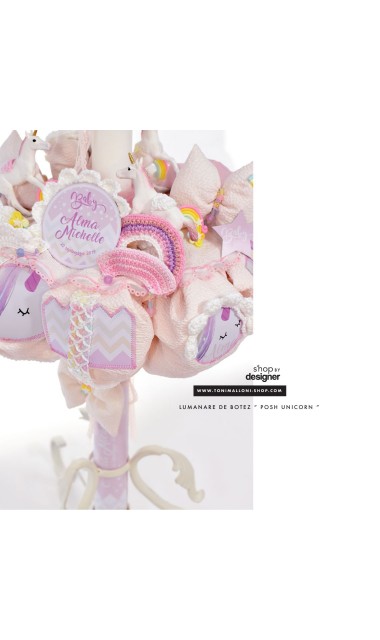 Lumanare de botez roz pentru fetite cu unicorni, 65x4cm, Baby Unicorn 5